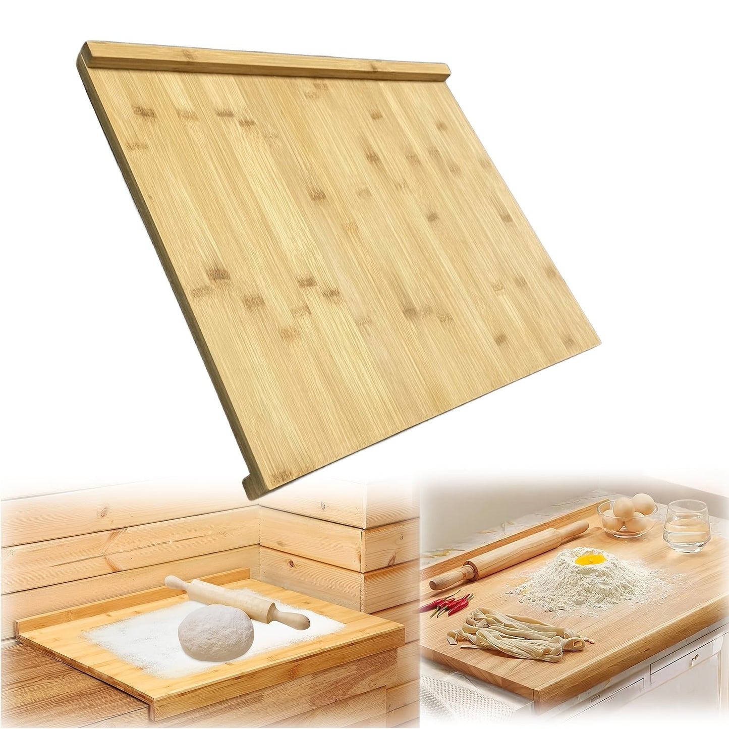 Large reversible bamboo pastry board for kitchen use, measuring 50.8x40.64cm with a countertop edge. Made of food-safe bamboo, perfect for cutting and preparing food on the kitchen counter.