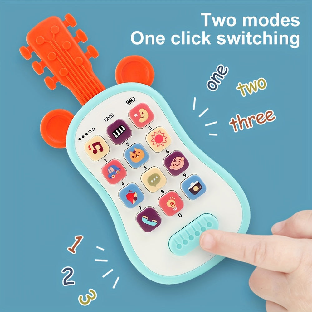 Early educational toy guitar-shaped phone for children with multiple functions - teething soothing music simulation phone featuring an encyclopedia and sound effects. Made of plastic, safe for children aged 0-3 years. Originating from Chinese mainland