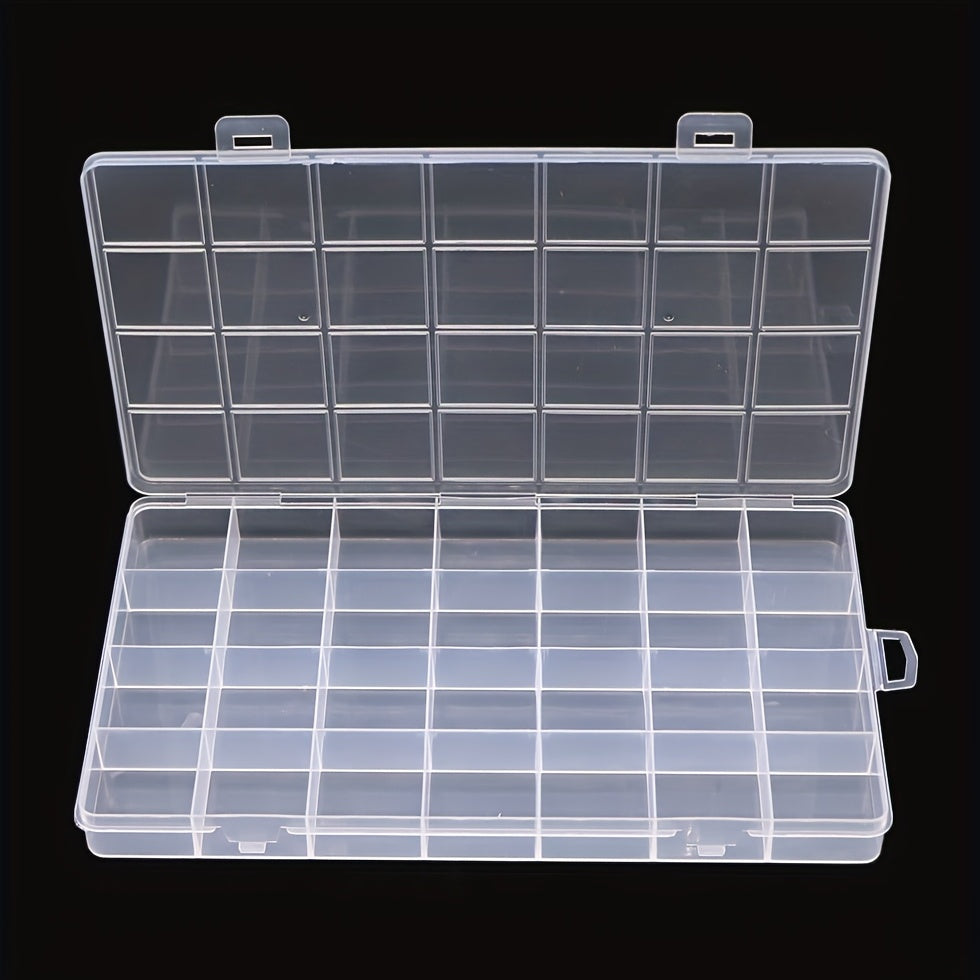 Rectangle plastic storage box with 28 compartments for jewelry, earrings, beads, and crafts.