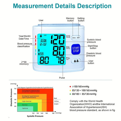 The ALPHAMED U60K Digital Wrist Blood Pressure Monitor is a sleek white and gray device with 2x90 readings. It is battery-powered with a start/stop function and includes a protective case.