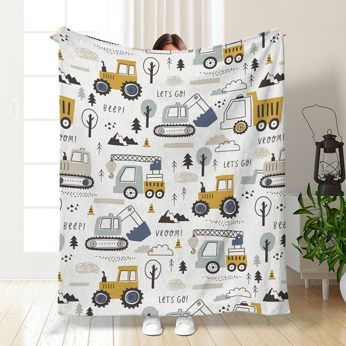 Contemporary Cartoon Construction Vehicles Flannel Blanket - Soft, Cozy, Lightweight Polyester Fleece for Bed, Couch, or Travel - All-Season Multipurpose Knitted Throw with Vivid Digital Print - 200-250gsm.