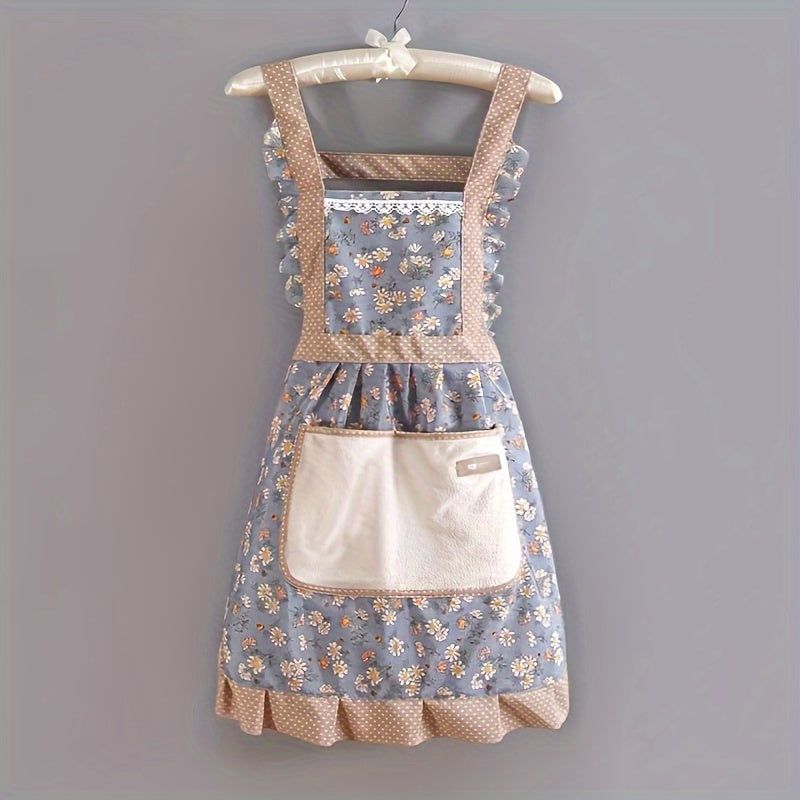 1pc Floral Lace Princess Apron with Hand Wipe Pocket - Ideal for Cleaning in Kitchen, Living Room, Bathroom