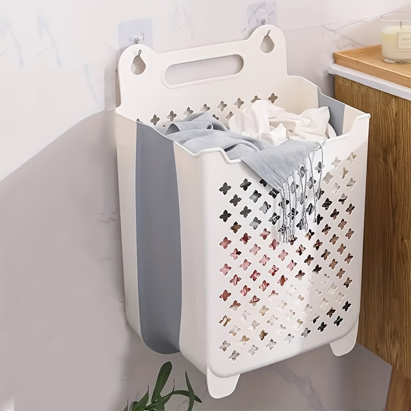 Contemporary Blue & White Wall-Mounted Foldable Laundry Basket with Star Cutouts - Space-Saving Dirty Clothes Organizer for Bathroom, Bedroom, or Laundry Room