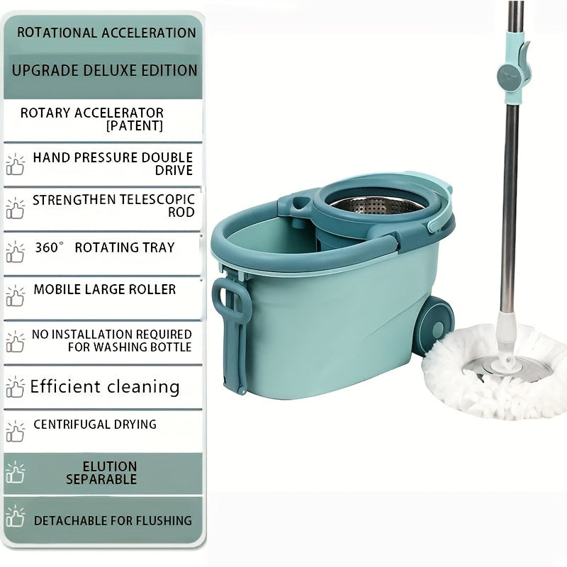 Floor cleaning made easy with the 1pc 360° Rotating Mop and Bucket System. This kit features a Dual-Drive Stainless Steel design for hands-free washing and can be used for both wet and dry cleaning. Perfect for use in the home, office, car, or outdoor