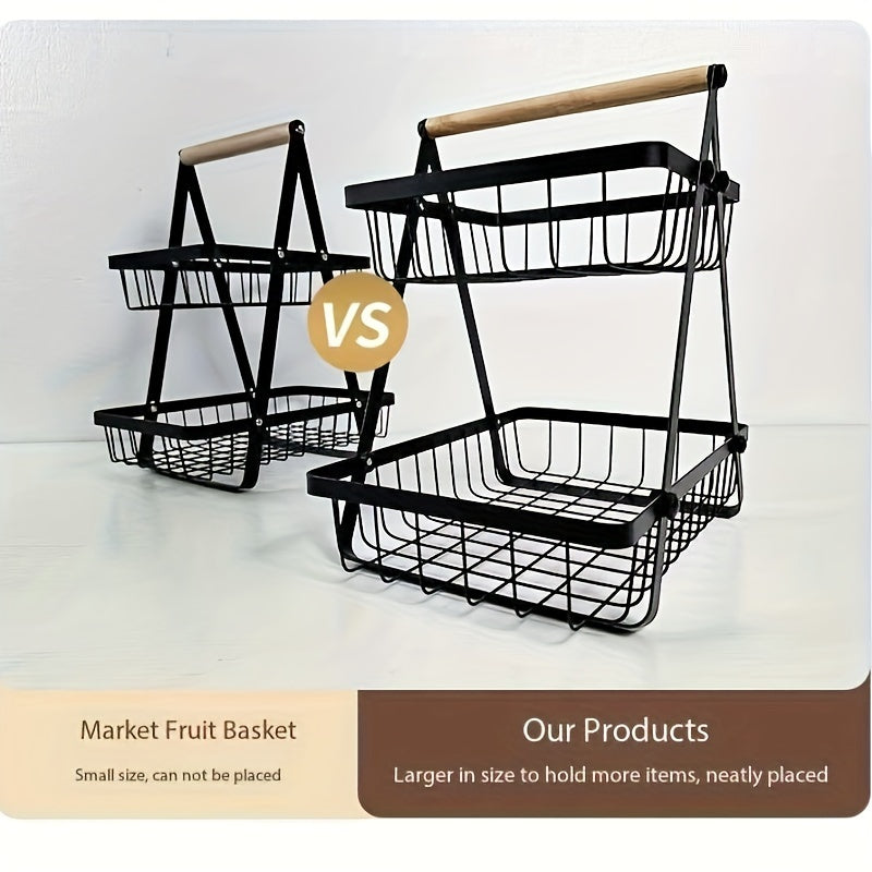 1pc 2/3tier storage basket with drain basket and removable wire basket with wooden handle for bathroom and kitchen storage