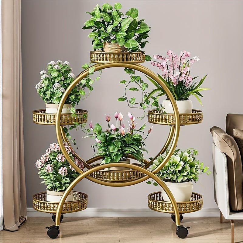 Metal flower stand on wheels for indoor and outdoor plants in living room or balcony.