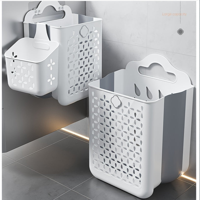 Contemporary wall-mounted laundry basket made of durable plastic with handles. Measures 39x27x19cm and is foldable for easy storage. Can be used as a bathroom organizer or multipurpose hollow bucket for toys, snacks, fruits, and vegetables. Features a