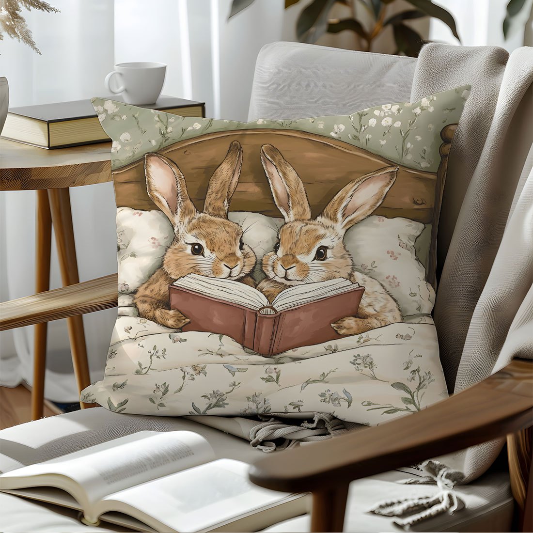 Easter Cartoon Rabbit Storybook Sofa Throw Pillow Cover - Single-sided print, made of peach skin fabric, 45*45cm.