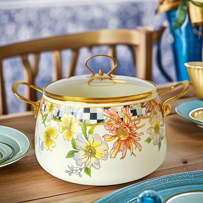 French Daisy Stockpot with Lid, featuring Enamel Coating and Induction Compatibility, adorned with a Beautiful Floral Design - No Electricity Required, making it Ideal for Cozy Fall Evenings.