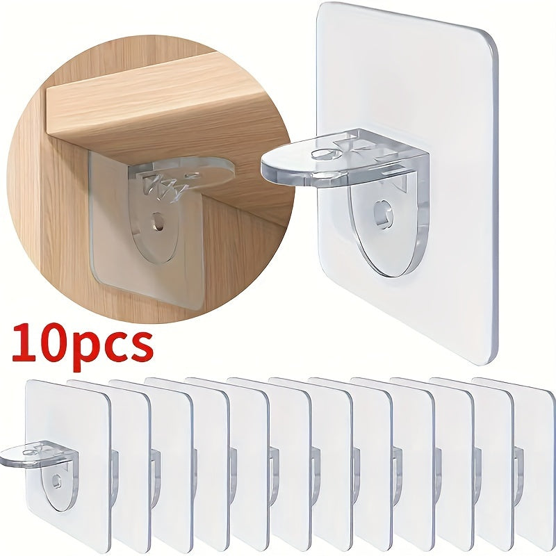 10-Pack of modern plastic adhesive shelf brackets for easy wall mount installation, perfect for closet and cabinet organization, featuring strong non-marking sticky hooks.