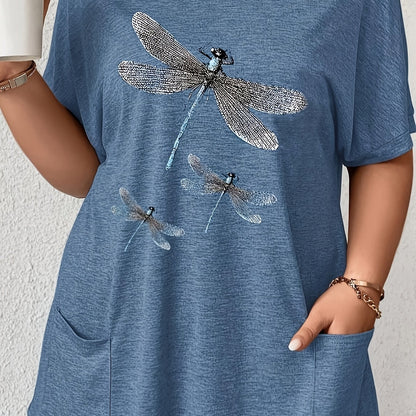 Stylish plus size women's t-shirt with dragonfly print, crew neck, short sleeves, pockets, stretchy polyester blend, machine washable.