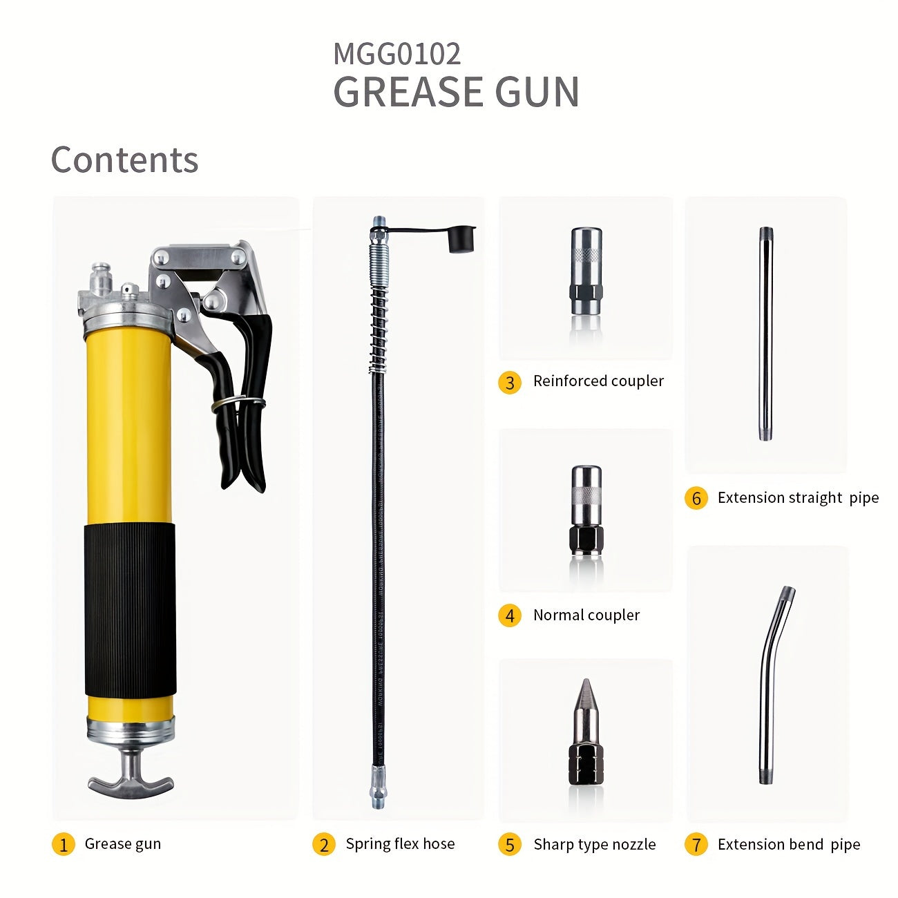 8000 PSI Pistol Grip Oil Gun Kit with 14 oz load, 45.72 cm hose, 2 connectors, 2 extension tubes, and 1 sharp nozzle.