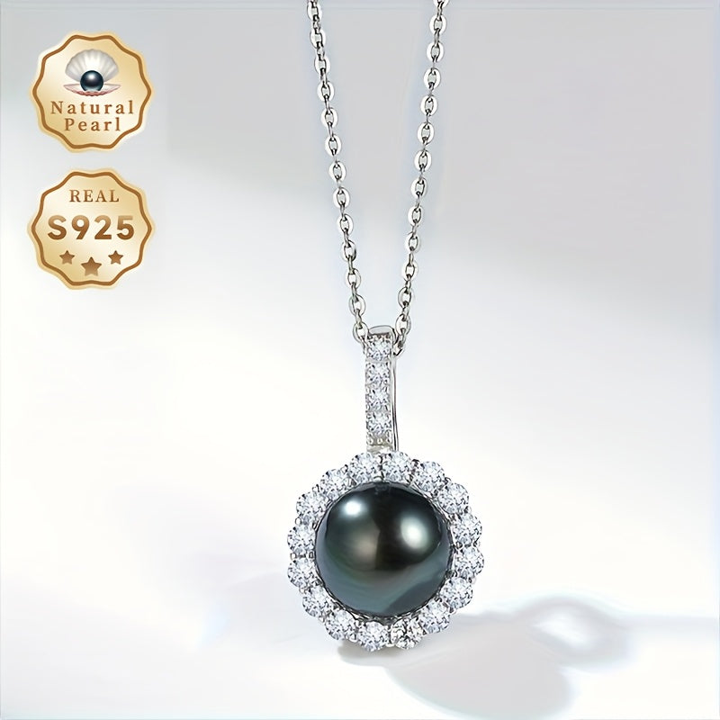 Stunning Black Pearl Necklace for Women, Featuring 8-9mm Round Shiny Saltwater Pearls, Suspended from an S925 Sterling Silver Pendant in a Gift Box - Genuine Gemstone, Perfect for June Birthdays, Inspired by Polynesian Tahitian Designs, Unique Color