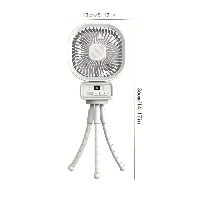 Stay cool with the YAIAWISU Portable Desktop Fan featuring a tripod stand for easy placement, USB rechargeable 5000mAh battery, 3-speed settings, LED display and lighting, and a compact design. Perfect for use indoors or outdoors during the summer