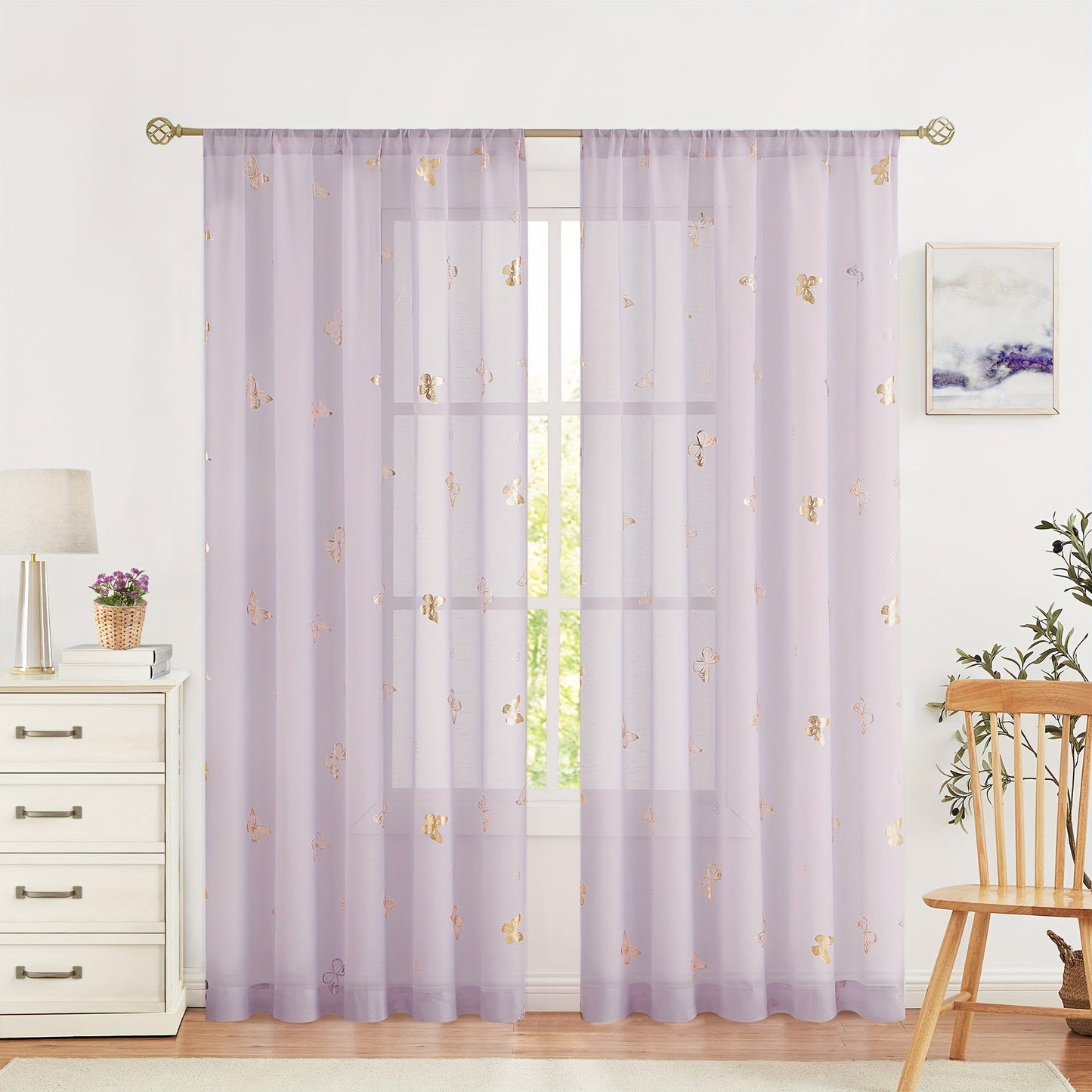 Two pieces of beautiful golden butterfly natural translucent curtains, perfect for adding a flowy and romantic touch to any bedroom or living room. These curtains come in 63, 84, or 95 inches, and feature a linen texture with a bamboo festival yarn