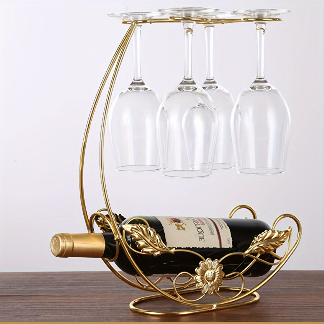 Modern Iron Wine Glass Rack - Vertical Metal Stand for Bottles, Goblets, and Glasses, Elegant Tabletop Display, Holds 1 Bottle & 4 Glasses, No Tools Needed