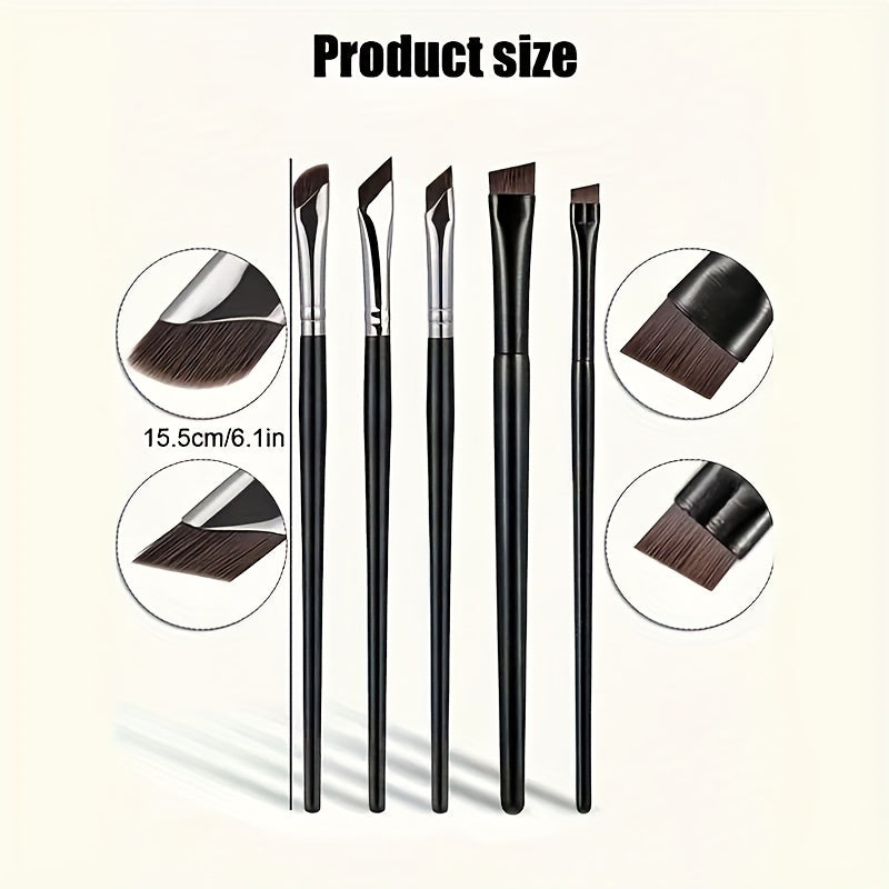 5-piece eye makeup brush set for precise application: includes angled eyeliner, sickle, and brow brushes.