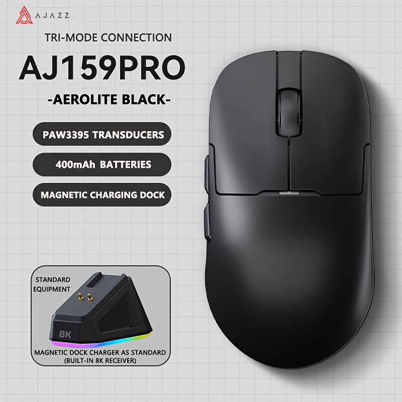 AJAZZ AJ159 Pro Gaming Mouse with lightweight, ergonomic design, Tri-Mode 3396 Optical Sensor, SuperGrip 0Hz Return Rate, Magnetic Base, Wired & Wireless Connectivity, in Black & White