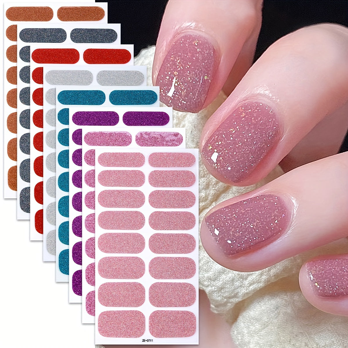 8 sheets of pink glitter nail wraps for DIY nail art.