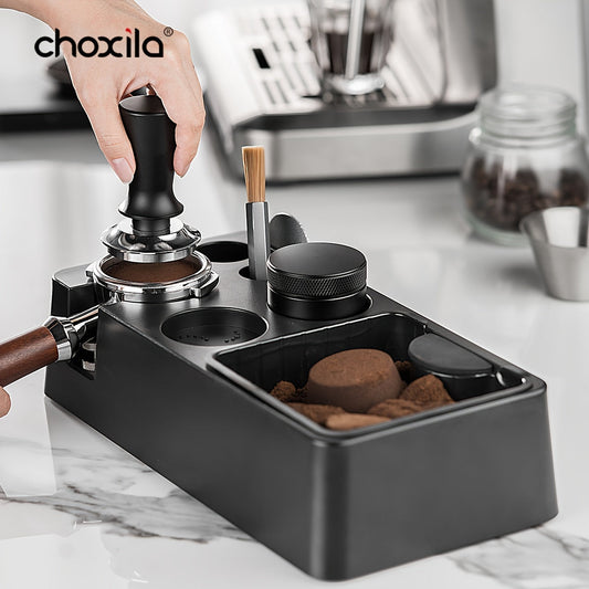 Choxila Espresso Knock Box with Durable Plastic Construction - Coffee Organizer for 51/54/58mm Tamper, Portafilter & Puck Screen Accessories - Stylish Black Design with Orange Highlights