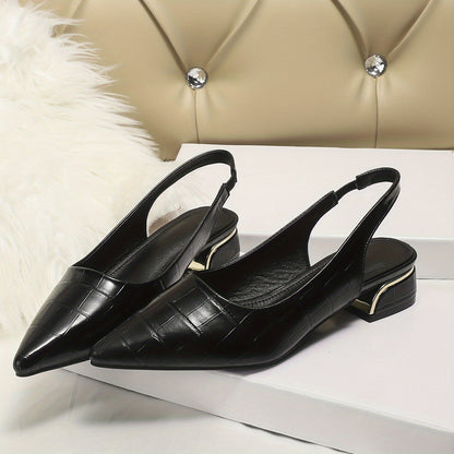 Low heel slingback shoes with pointed toe and elastic strap, suitable for work office.