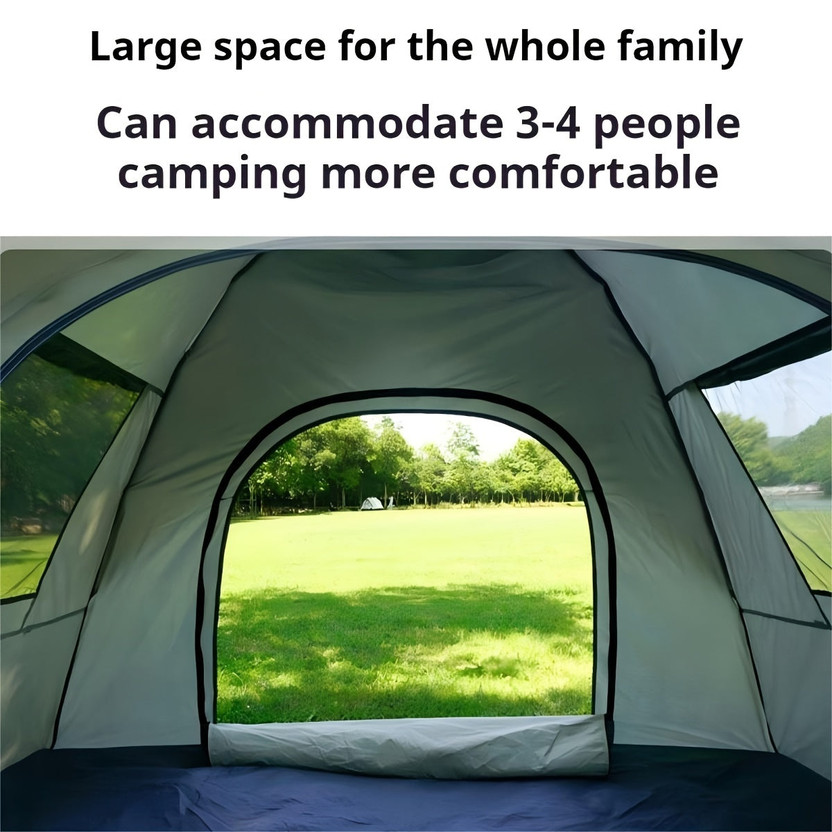 Light brown square tent for 4 people with automatic pop-up feature, waterproof Oxford cloth material, zipper closure, and glass fiber frame. Portable for camping, fishing, hiking