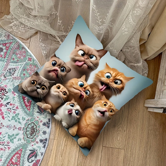 One-piece Glam Style Funny Cats Pillowcase, measuring 44.96cm x 44.96cm. Made of machine washable polyester fiber with a zipper closure. Features a woven decorative cushion cover for use on sofa, couch, or car. Single-side print, insert not included.