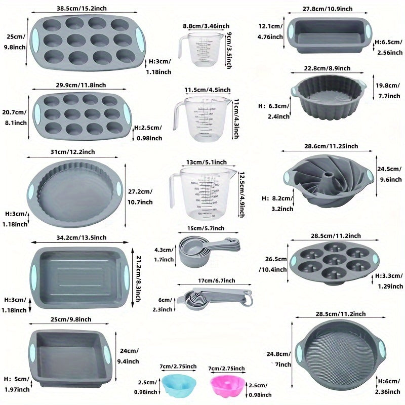 Silicone baking set includes 45 pieces, including various molds, pans, cups, and tools for the kitchen.