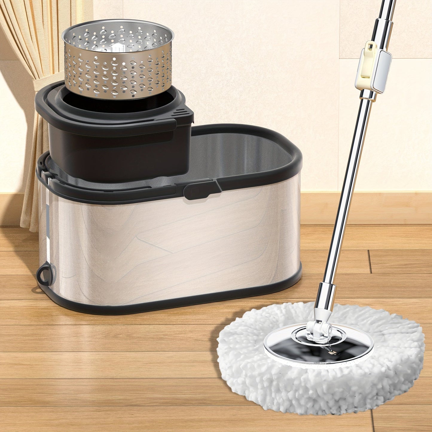 Household Spin Mop and Bucket Set with 2 Mop Pads, Rotating Floor Mop, Hands-Free Stainless Steel Mop for Dust Removal, Dry and Wet Use, Ideal for Home, Kitchen, and Bathroom Floor Cleaning Supplies