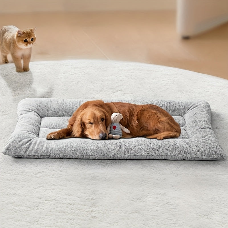 Large plush dog bed with soft, thick polyester fiber, in light gray and white, for small to large breeds, providing quilted comfort on a cozy rectangular couch.