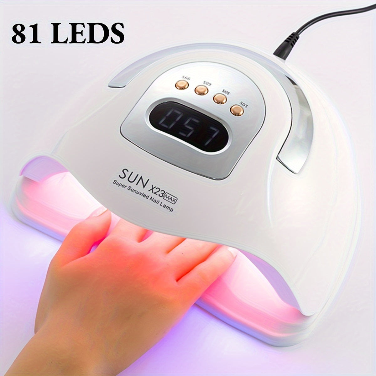 High-power LED nail light machine with 81 beads, automatic sensing function, 4-speed timer, and European plug for salon and home manicures. Perfect for beginners.