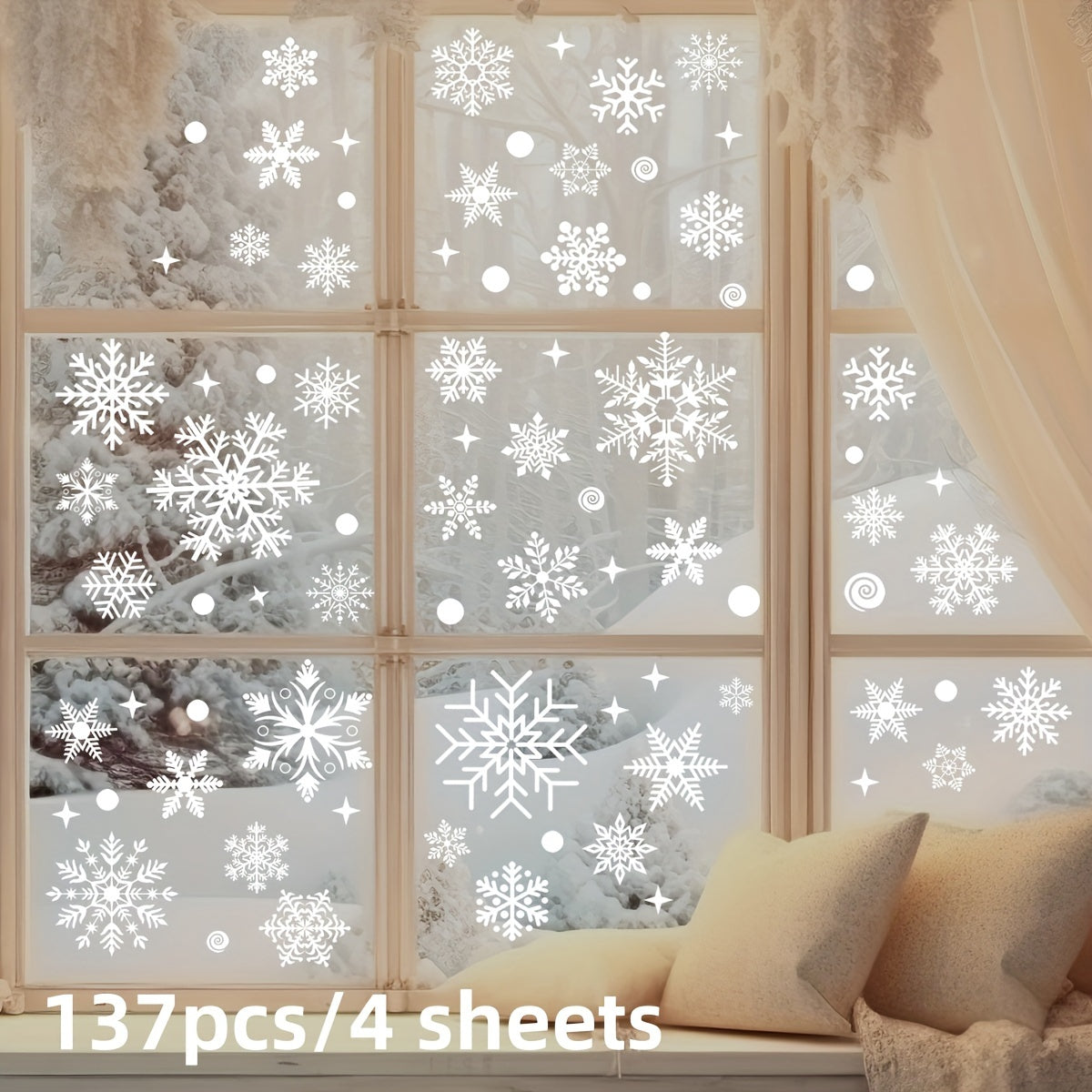 Set of 113 festive Christmas window clings, including snowman, Santa, and holiday themed static stickers. The set comes with 4 sheets of reusable decorative glass decals for home and party decor.