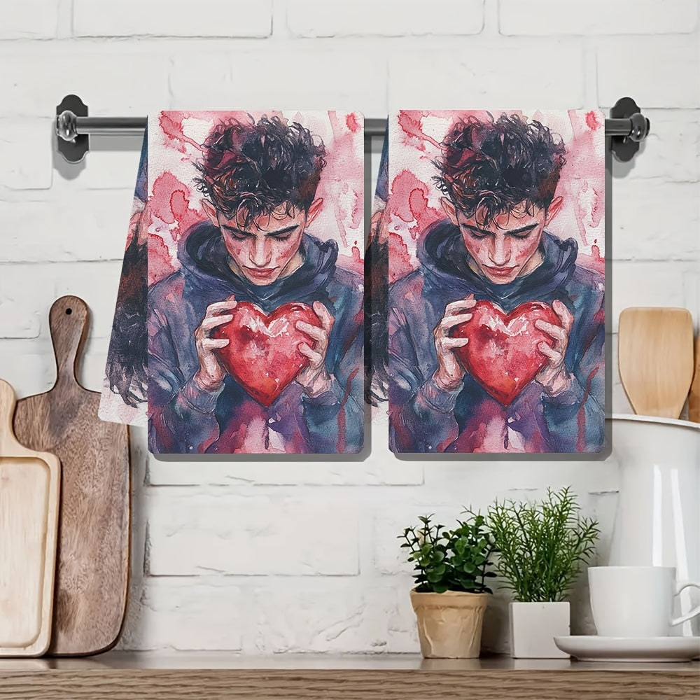 This set includes two ultra-soft kitchen towels, making them perfect for celebrating Valentine's Day. The highly absorbent dish and hand towels can be easily machine washed and measure 40.64x60.96 cm, making them ideal for holiday decoration.