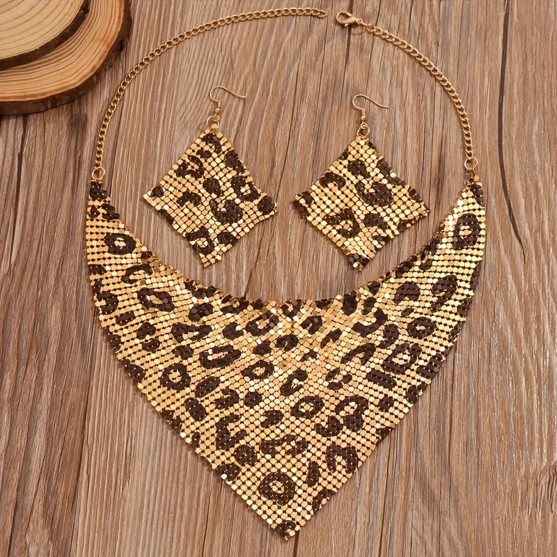 Set of stylish retro triangle scarf, shimmering silky scarf with sequins, elaborate false collar, bold leopard print statement collarbone necklace and earrings for women with a distinctive personality.