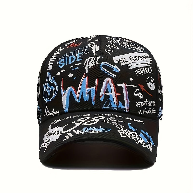 Polyester graffiti print hip-hop baseball cap with PVC coating. Perfect for parties and festivals. Hand washable.