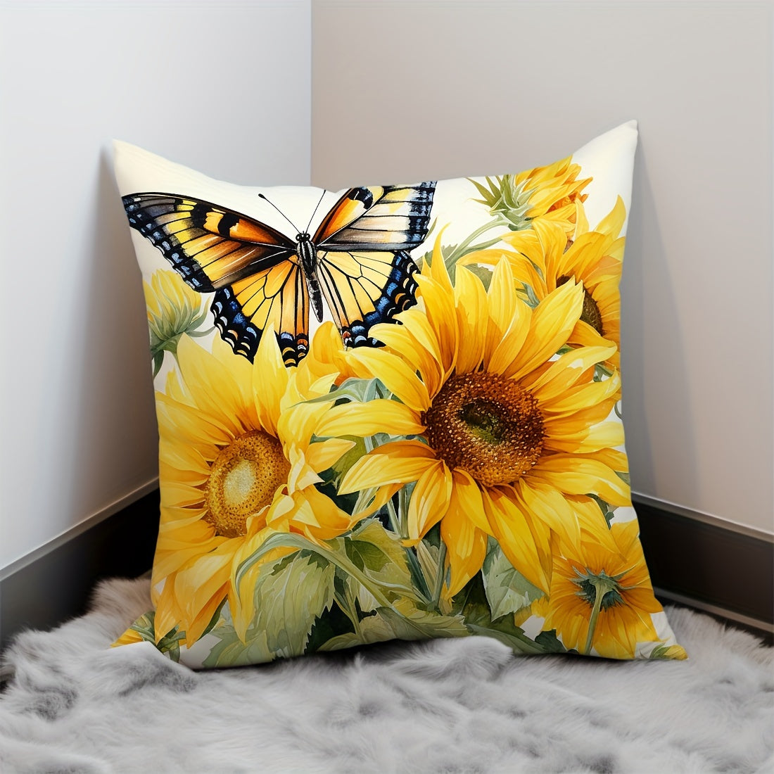 One piece of Sunflower Butterfly Design throw pillow cover made of Peach Skin Velvet material, measuring 45x45cm. Perfect for decorating your car, living room sofa, bedroom, or bedside backrest. Features a single side print design. Pillow inner not