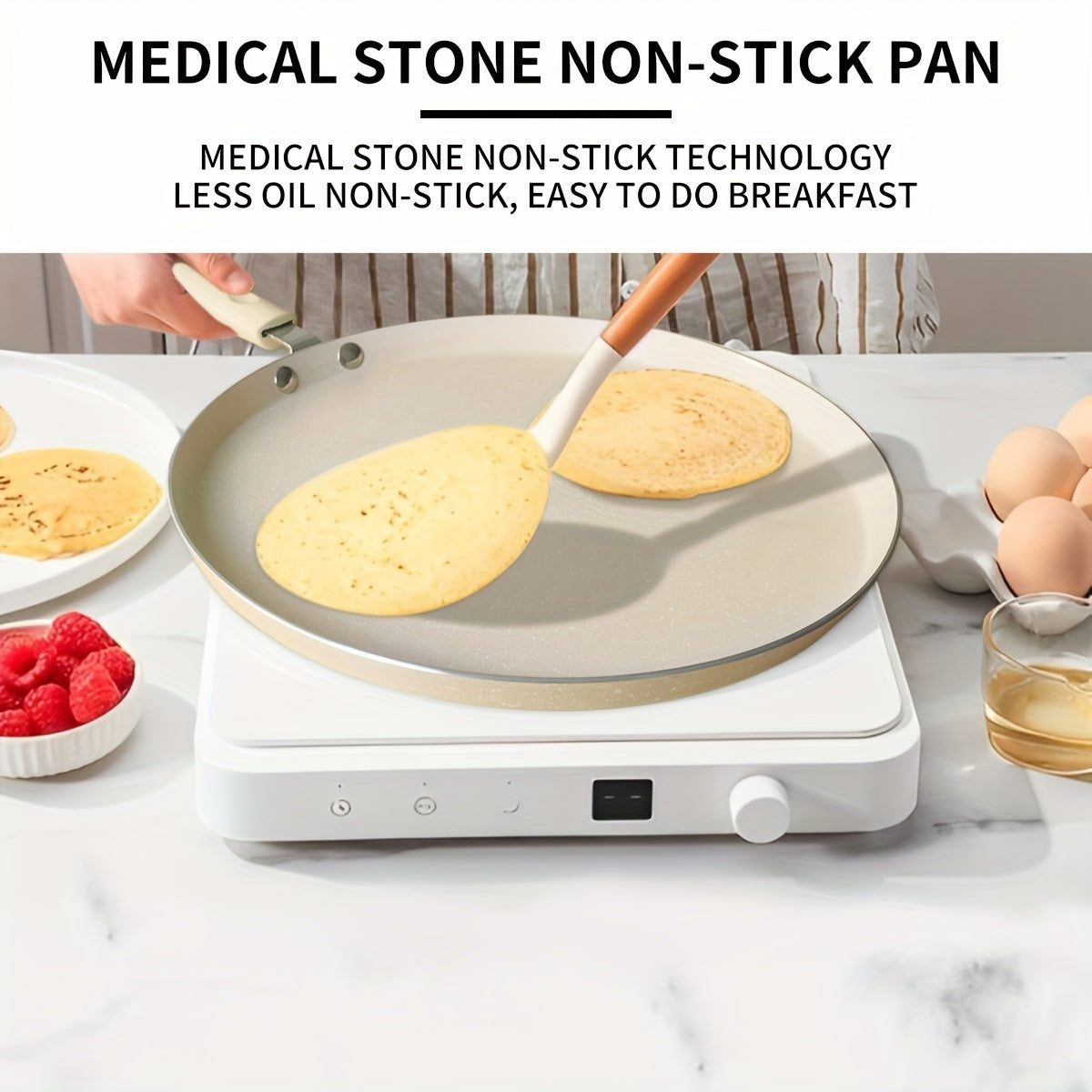 This Nonstick Crepe Pan Set features a Beige Maifan Stone construction with a durable Wooden Handle. Suitable for use on Electric Coil, Gas Stove, and Induction Cooktops, this Dishwasher Safe Aluminum Pancake Skillet does not require electricity for use.