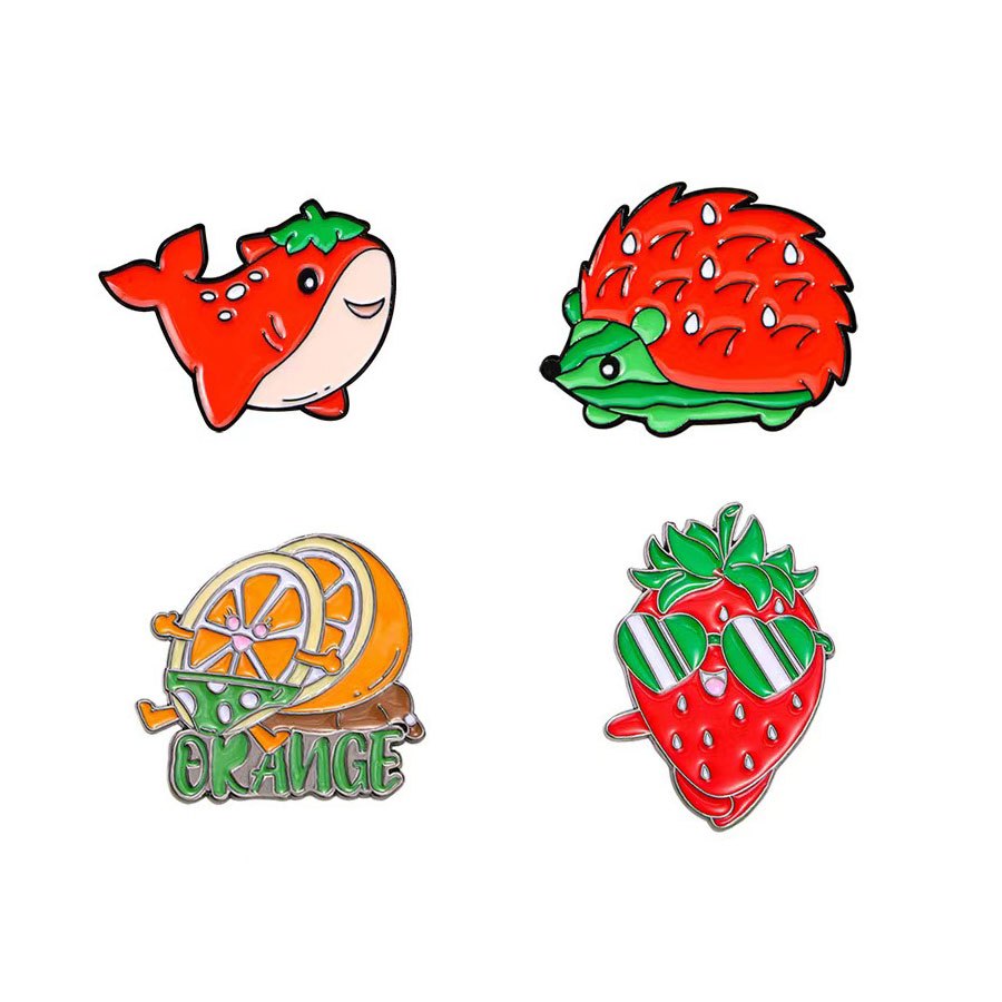 Set of 4 Cute Cartoon Fruit & Animal Alloy Brooches - Bright Strawberry, Orange, and Hedgehog Pins - Ideal for Everyday Use or as a Gift - Adorable Accessory for any Season