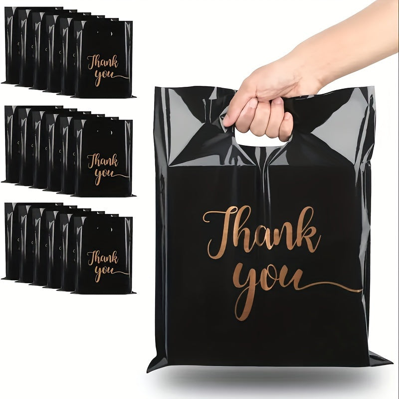 100-Pack Premium Black PE Thank You Bags with Die Cut Handles. Water-resistant and reusable. Ideal for boutiques, parties, and holiday gifts.