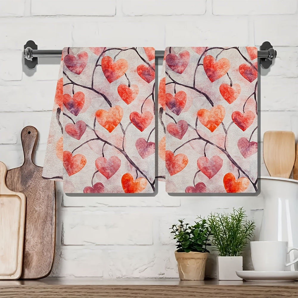 Valentine's Hearts Kitchen Towels - Set of 2, Super Soft and Absorbent, Machine Washable Dish Hand Towels, Romantic Red and Pink Heart Design on White Background, Size 40.64x60.96 cm, Perfect for Holiday Decor and Everyday Use