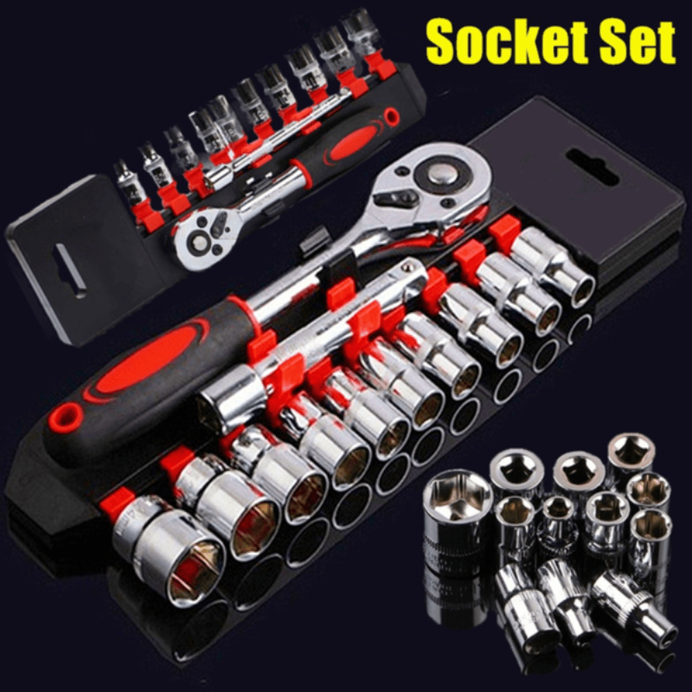 12-piece socket wrench set for bike repairs, with extension bars and ratchet handle for various vehicle maintenance.