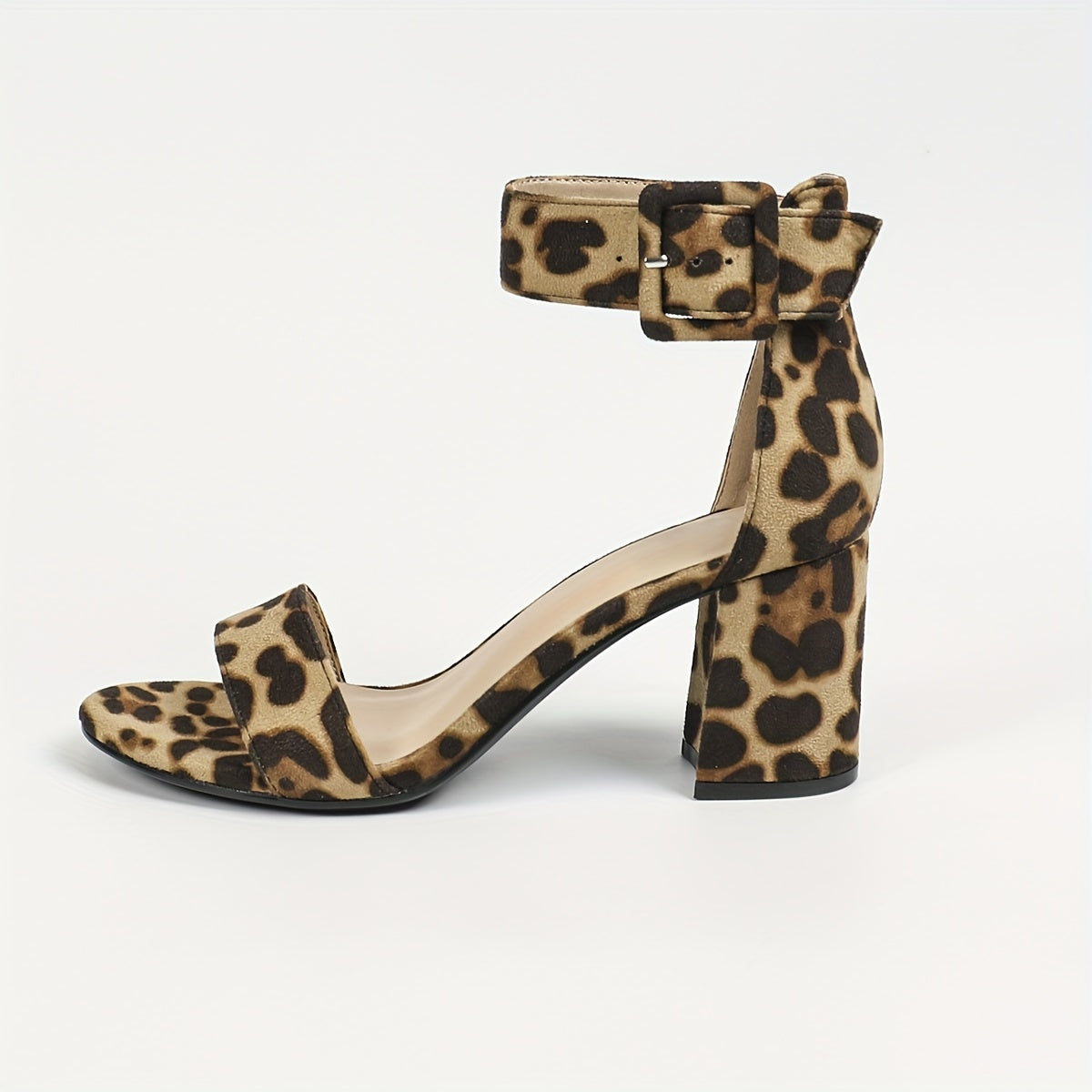 Leopard print sandals with ankle straps, chunky heels for walking, perfect for summer vacation.