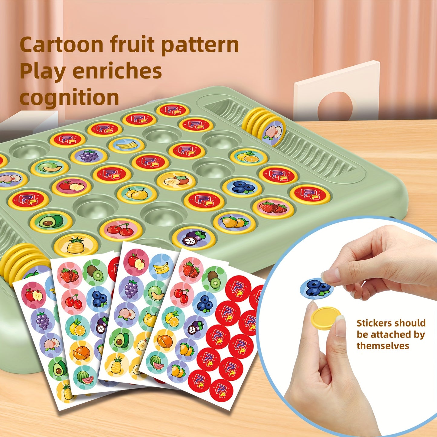 Colorful memory match game for ages 3+ with fruits and animals. Encourages parent-child bonding and made from durable ABS material.