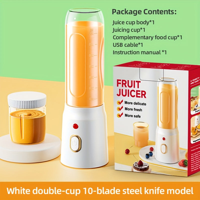 Introducing a convenient set of electric juicing cups with a portable dual-cup design, ideal for students and home use. This versatile juicer is equipped with USB charging and runs on a lithium battery, making it an excellent choice for family