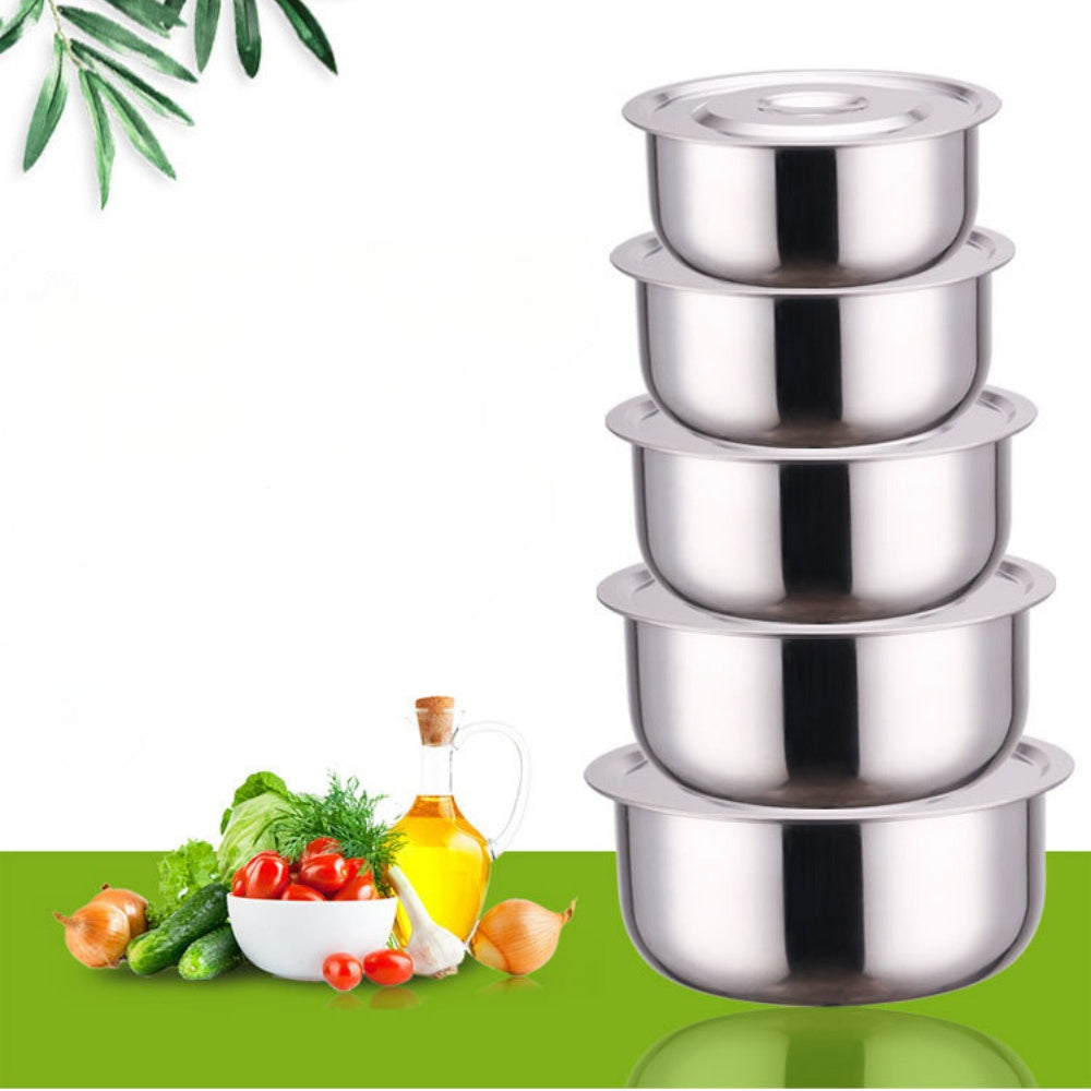 5-piece stainless steel cooking pot set with lid, perfect for use on induction cookers, gas stoves, and electric pottery stoves. Includes a seasoning jar, salad basin, and Thai pot. Ideal for Christmas parties, Ramadan gatherings, and suited for use in