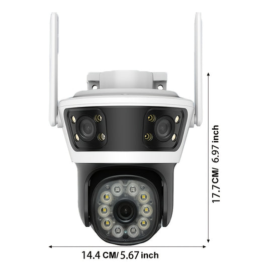 Advanced security camera with 360° pan/tilt view, motion detection, siren, two-way audio, full-color night vision, USB powered, no battery needed, for indoor/outdoor use.