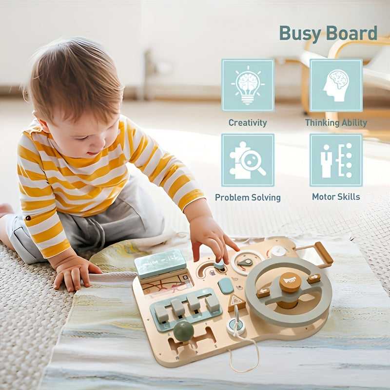 Wooden Steering Wheel Busy Board Toy featuring Vehicle Sign Recognition, Problem Solving, and Motor Skills Development for Youngsters. Smooth, Burr-Free Plywood in Light Green/Blue/Yellow.