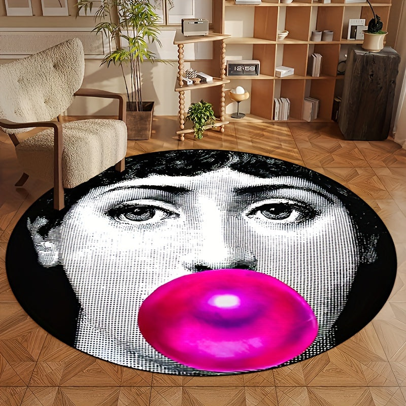 Round non-slip rug featuring a woman blowing bubbles with powder, perfect for entryways, living rooms, bedrooms, outdoor patios, gardens, and yards. Machine washable and suitable for use as a decorative accent in your home or outdoor space. Also can be