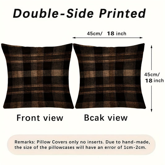 Stylish Dark Brown Plaid Pillow Cover featuring Two Designs - Convenient Hidden Zipper, Easy-to-Clean Polyester Fabric - Ideal for Adding Charm to Your Sofa, Office Chair, or Farmhouse Theme.