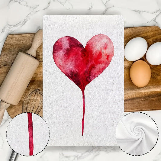 2 pieces of incredibly soft kitchen towels featuring a beautiful Valentine's Day heart design. These towels are highly absorbent, machine washable, and come in a contemporary watercolor style. Each towel measures 40.64x60.96 cm and is perfect for use as